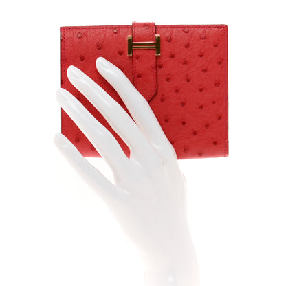 Hermes Ostrich Bearn Compact Wallet Rouge Vif 2 of 9