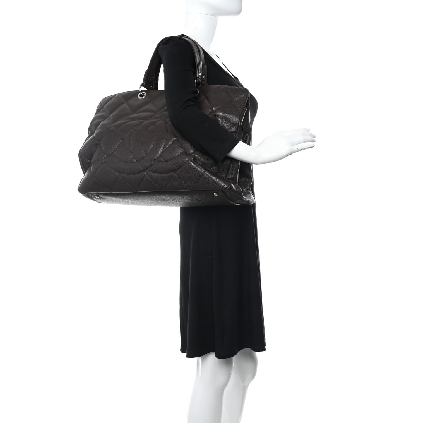 Soft Caviar Quilted Large CC Timeless Tote Dark Brown