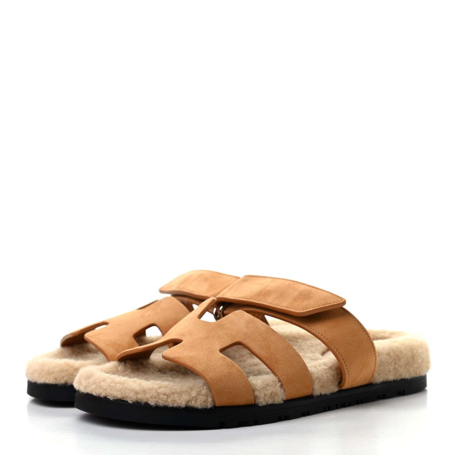 Hermes Suede Goatskin Woolskin Womens Chypre Sandals 38 Golden Beige 3 of 8