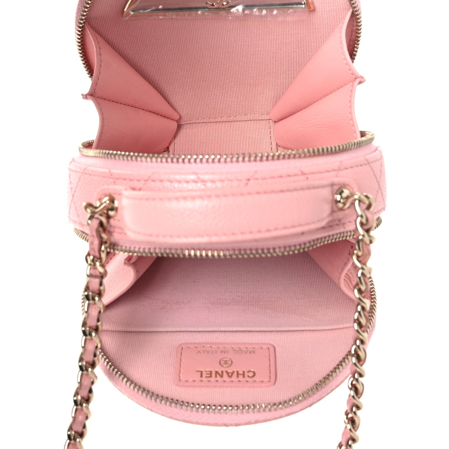 Caviar Quilted Round Handle With Care Vanity With Chain Pink