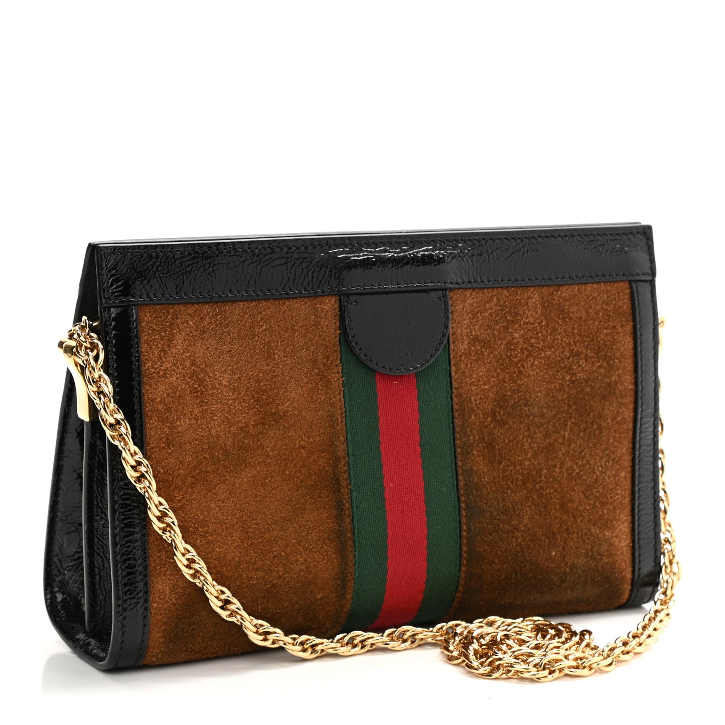 Suede Patent Web Small Ophidia Chain Shoulder Bag Nocciola Black