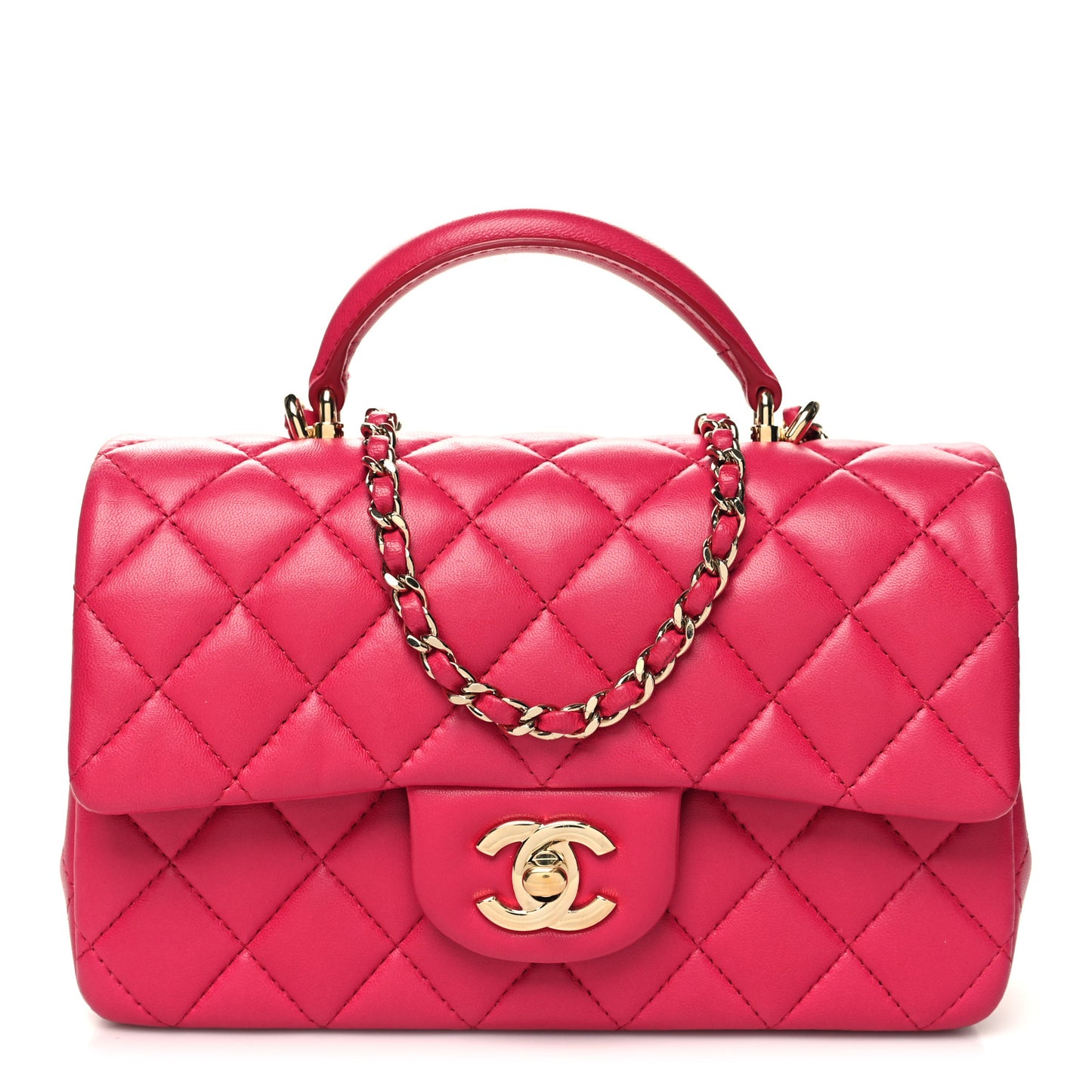 Lambskin Quilted Mini Top Handle Rectangular Flap Dark Pink