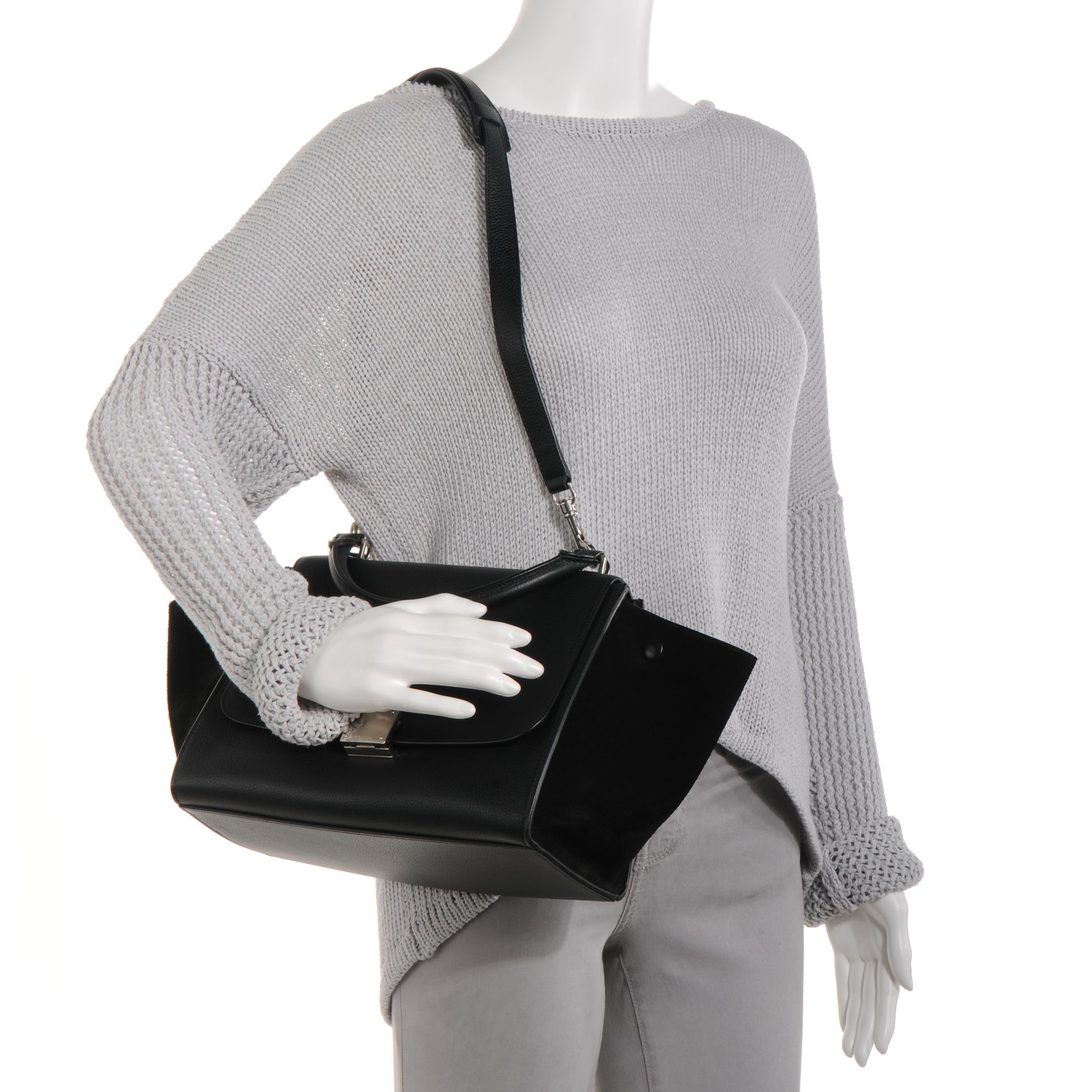 Celine Drummed Leather and Suede Small Trapeze Black 2 of 8