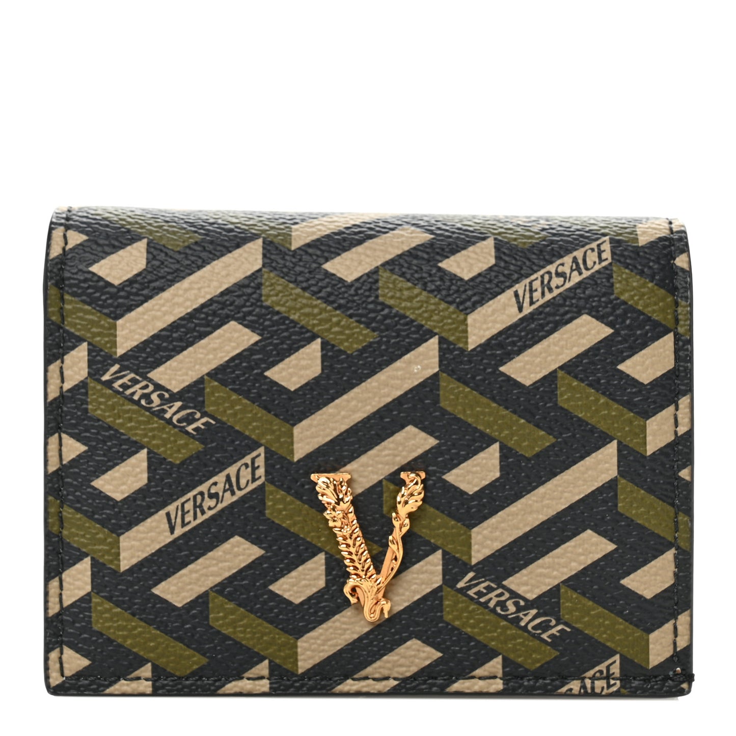 Coated Canvas La Greca Signature Print Virtus Bifold Wallet  Black Khaki