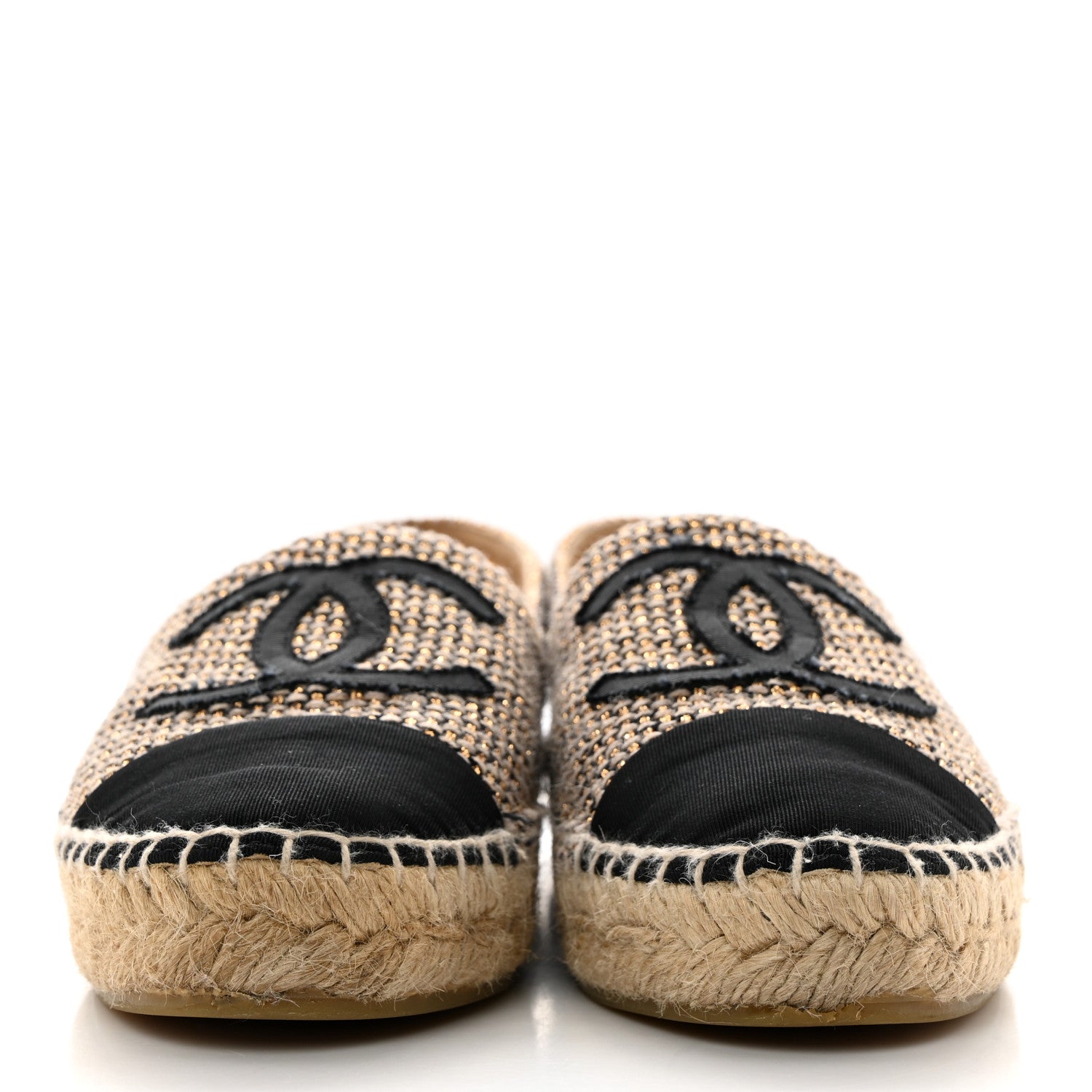 Chanel Metallic Tweed Grosgrain CC Espadrilles 35 Beige Black 2 of 9