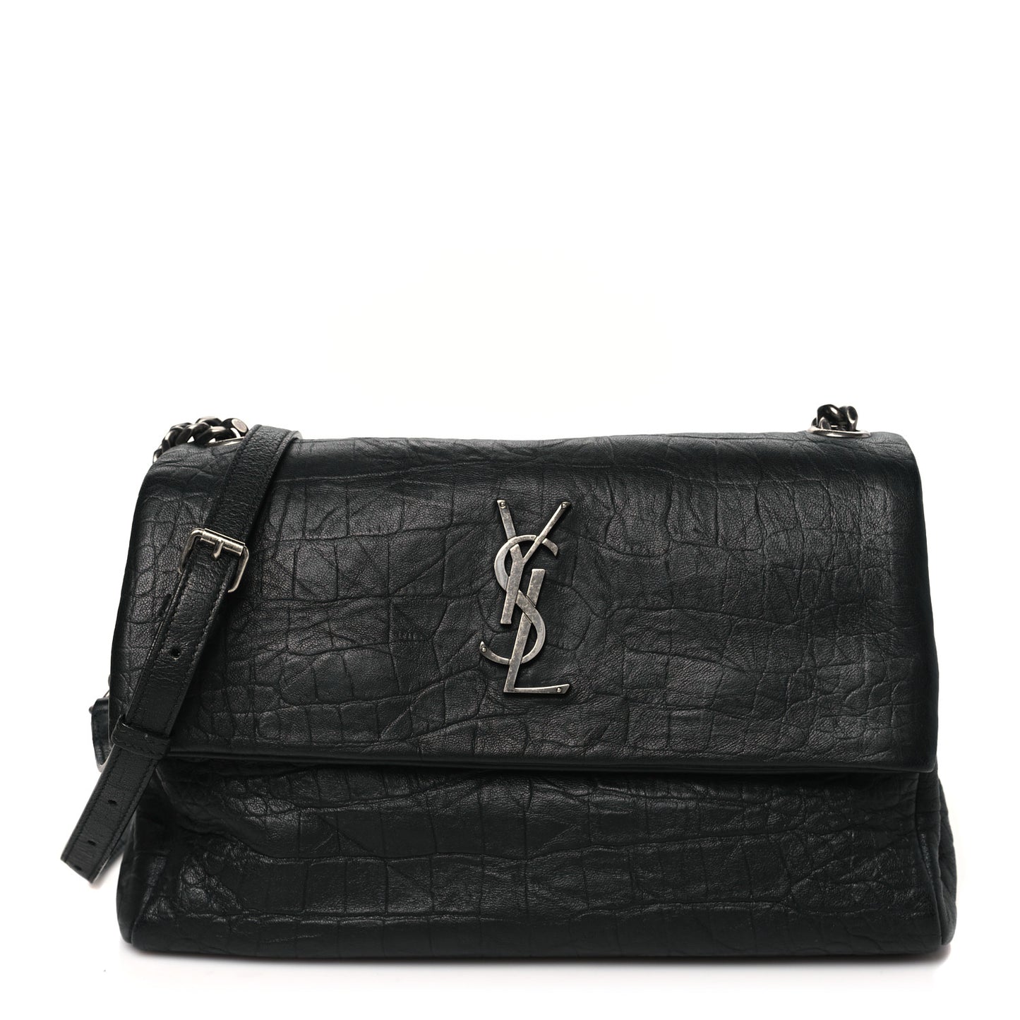 Calfskin Crocodile Embossed Medium West Hollywood Monogram Fold-Over Black