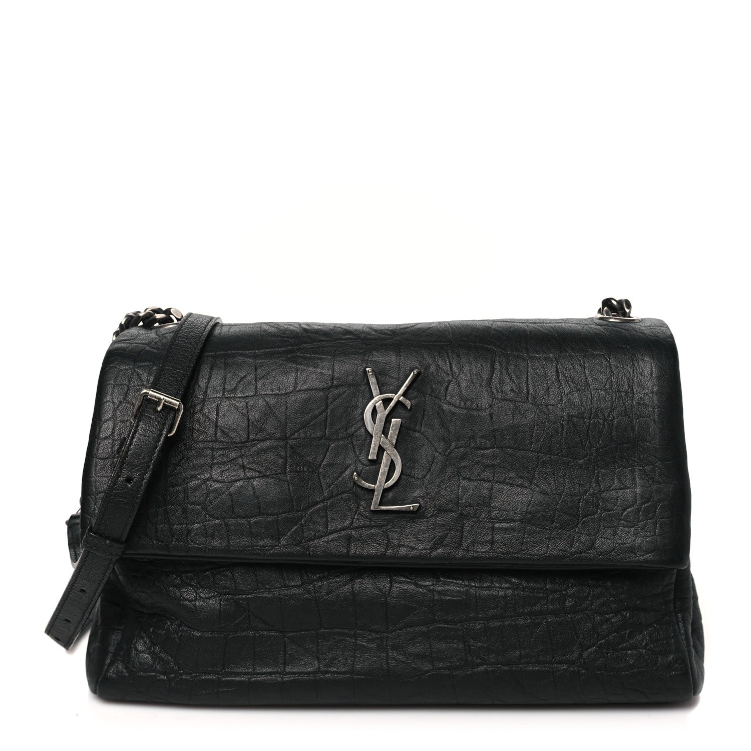Saint Laurent Calfskin Crocodile Embossed Medium West Hollywood Monogram Fold-Over Black 1 of 10