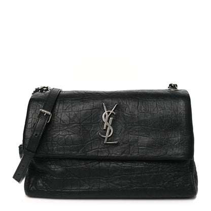 Saint Laurent Calfskin Crocodile Embossed Medium West Hollywood Monogram Fold-Over Black 1 of 10