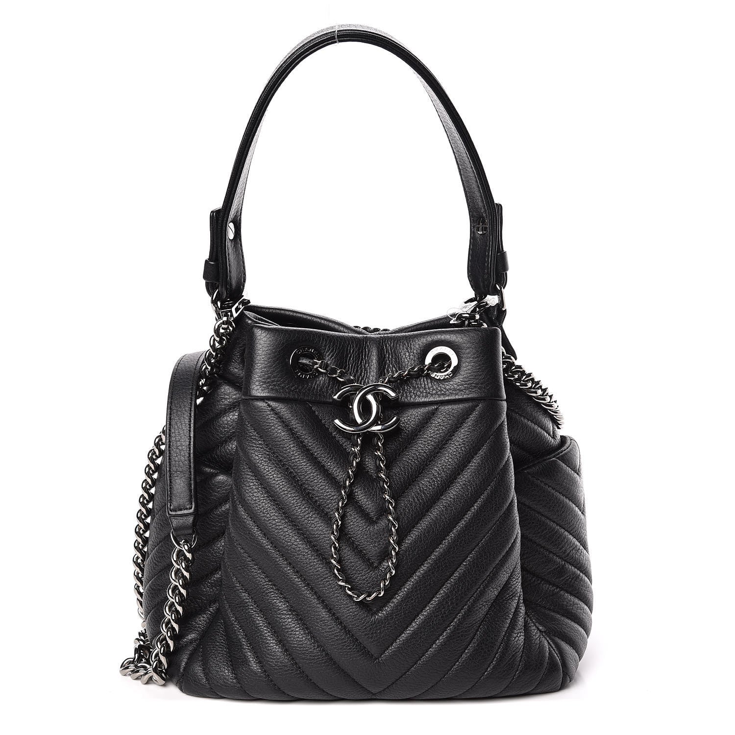 Chanel Deerskin Chevron Small CC Chain Bucket Drawstring Bag Black 1 of 10