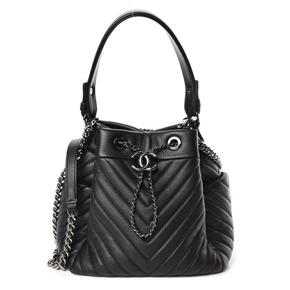 Chanel Deerskin Chevron Small CC Chain Bucket Drawstring Bag Black 1 of 10