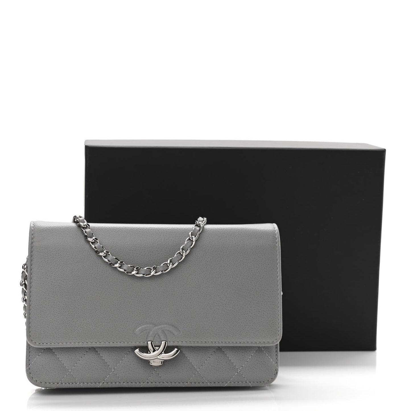 Grained Calfskin Quilted CC Box Wallet On Chain WOC Grey