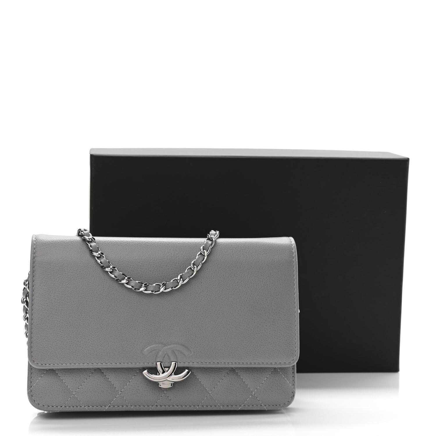 Chanel Grained Calfskin Quilted CC Box Wallet On Chain WOC Grey 10 of 10