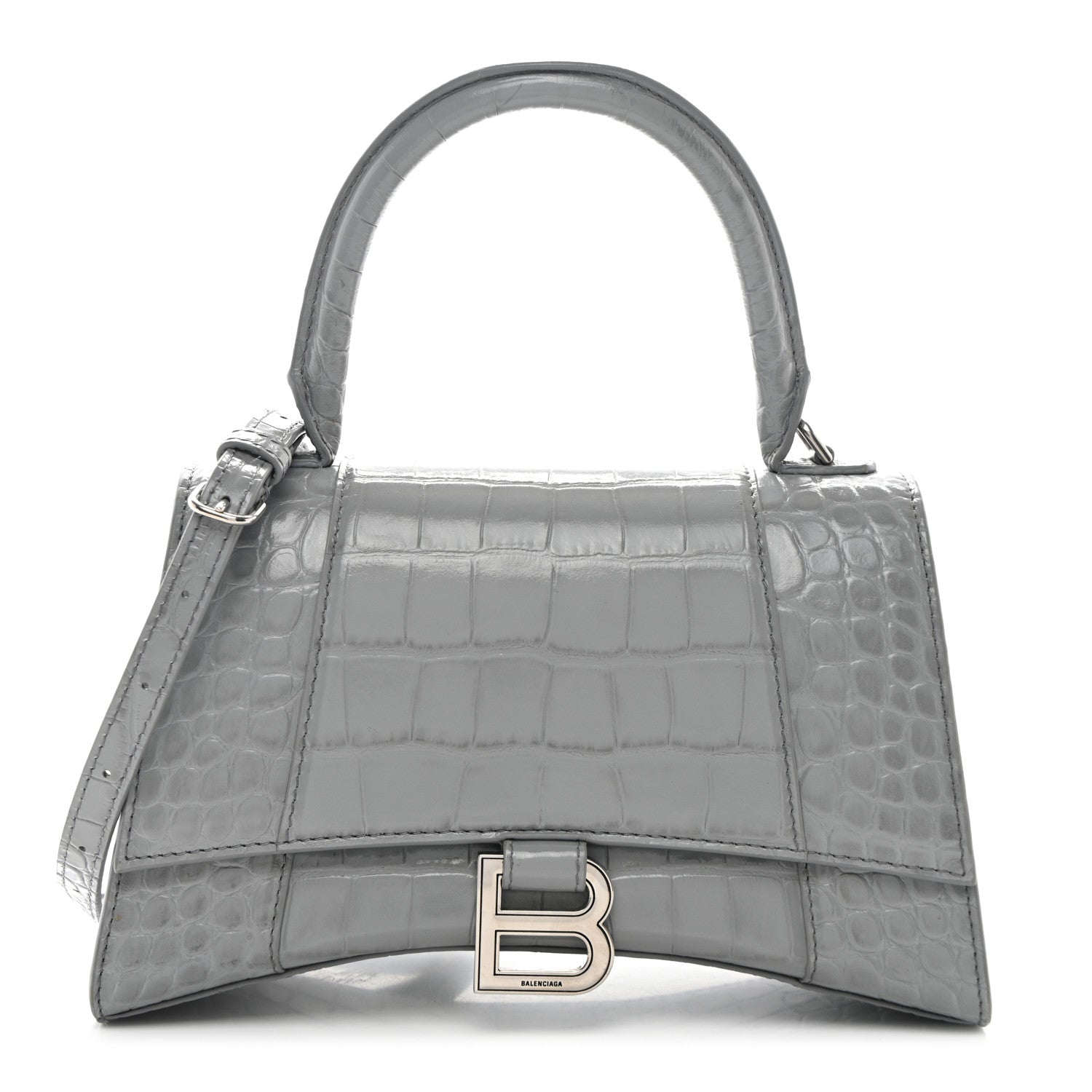 Balenciaga Shiny Calfskin Crocodile Embossed Small Hourglass Top Handle Bag Balenciaga Grey 1 of 10