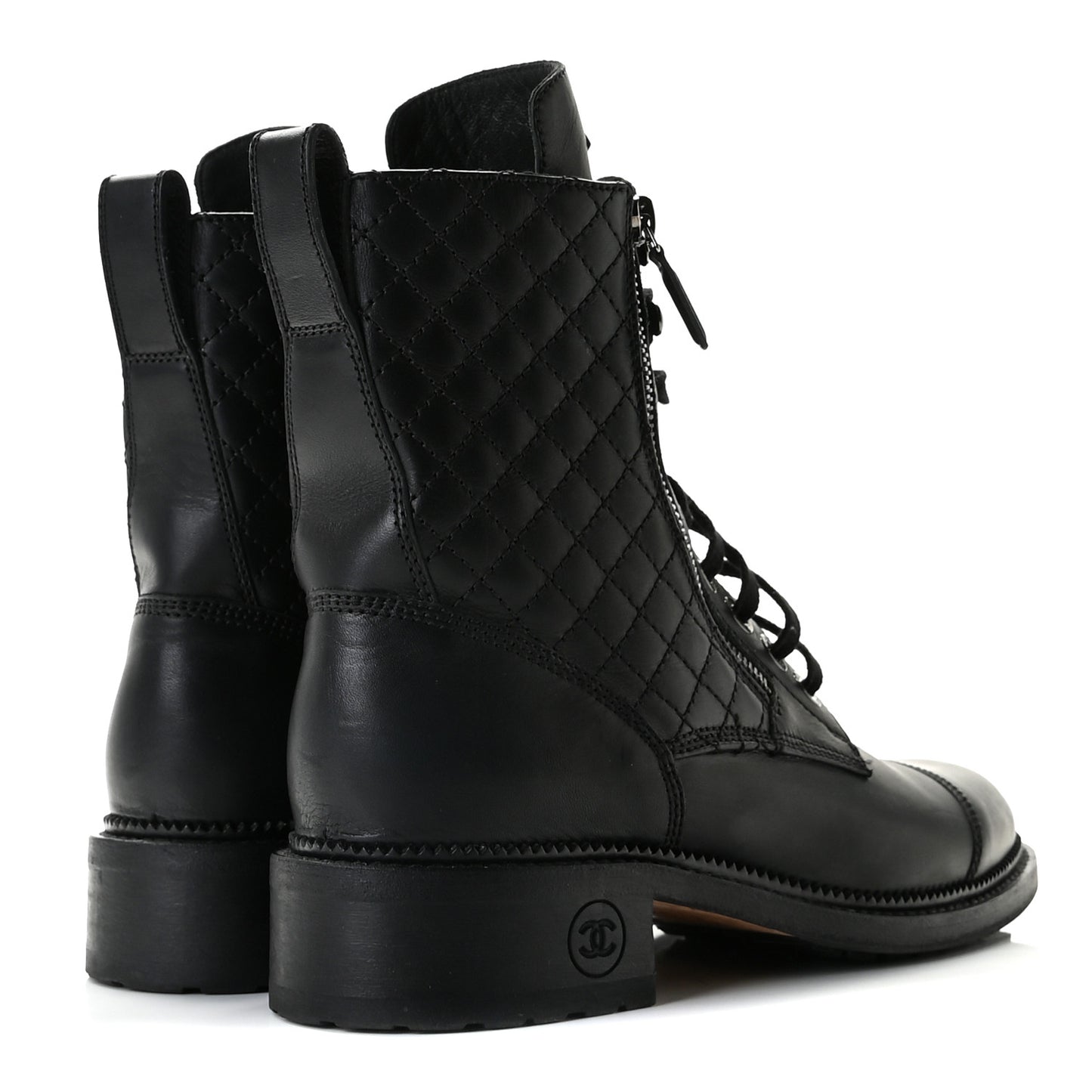 Calfskin Quilted Lace Up Combat Boots 39.5 Black