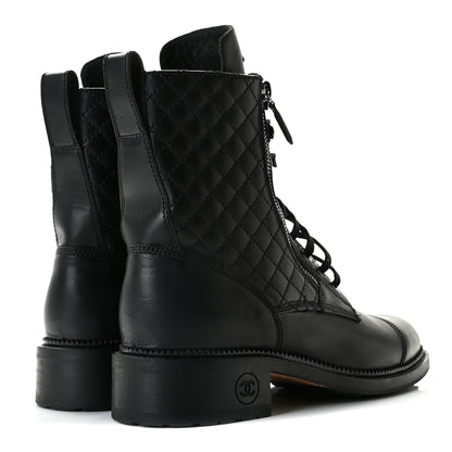 Chanel Calfskin Quilted Lace Up Combat Boots 39.5 Black 4 of 13