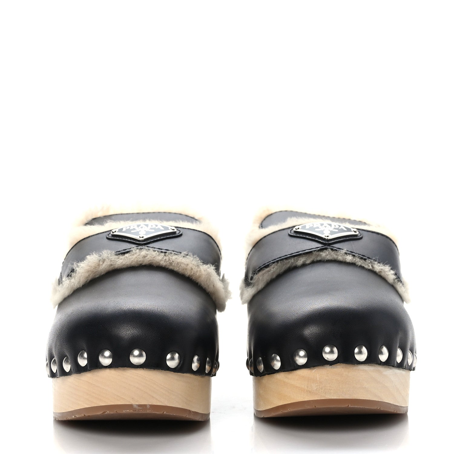 Prada Natural Calfskin Shearling Metal Triangle Logo 45mm Clogs 39 Black Sabbia 2 of 8