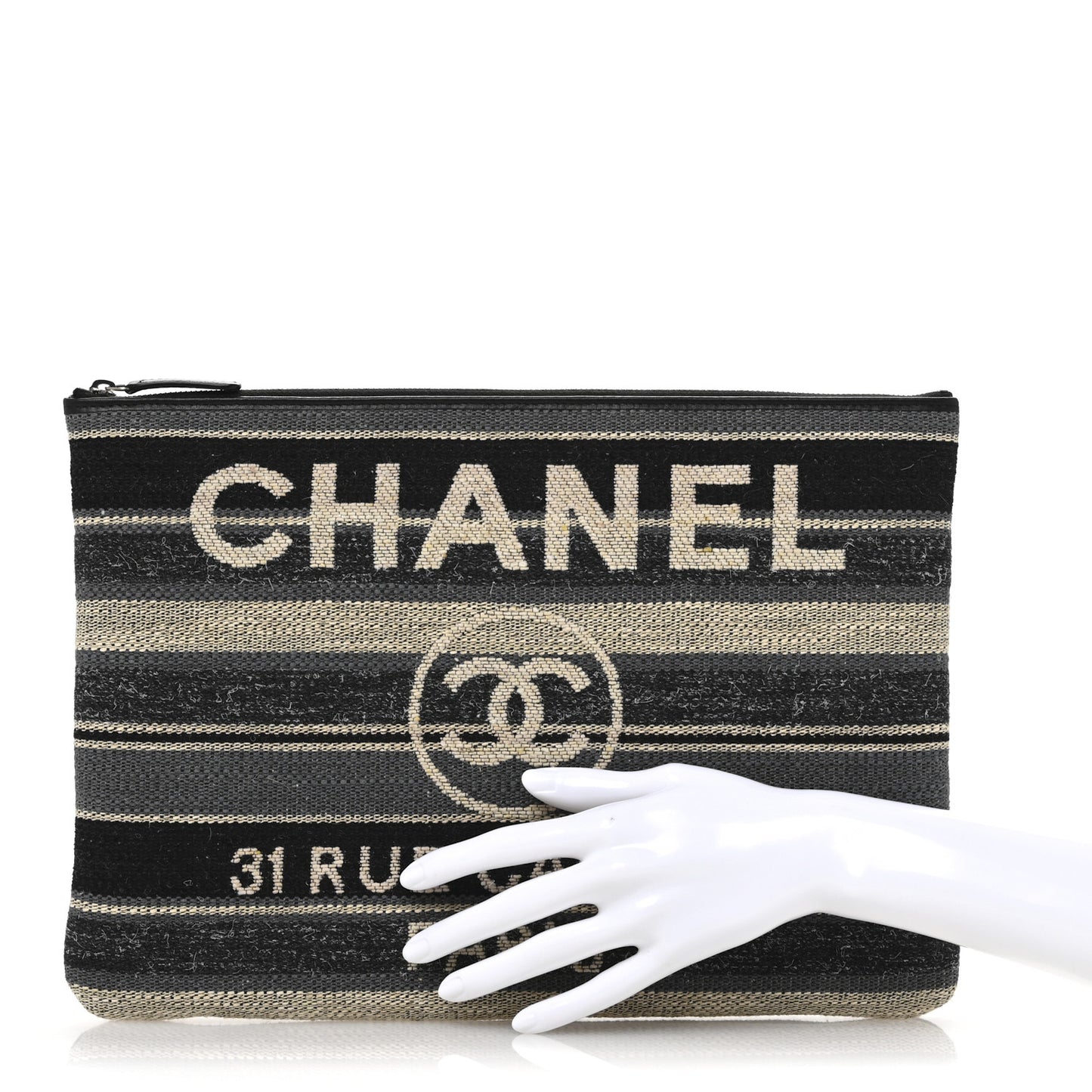 Striped Canvas Large Deauville Pouch Clutch Black