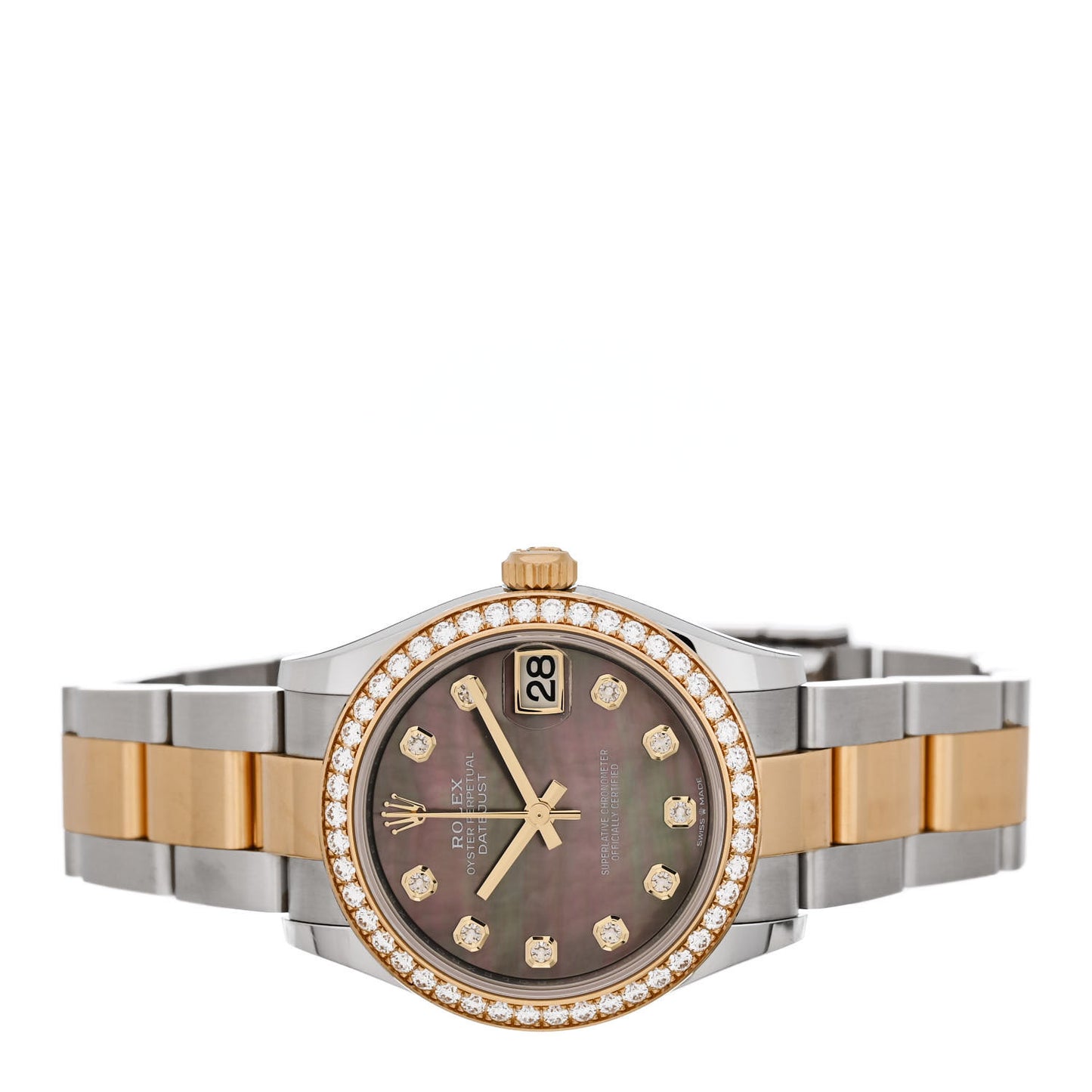 Stainless Steel 18K Yellow Gold Diamond Bezel Black Mother of Pearl 31mm Oyster Perpetual Datejust Watch 278383RBR