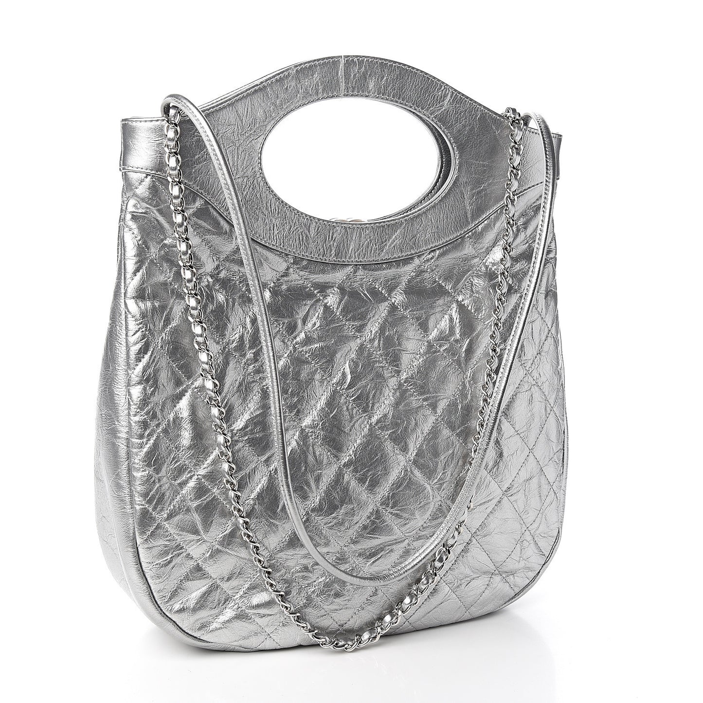 Metallic Crumpled Calfskin Small 31 Shopping Bag Silver