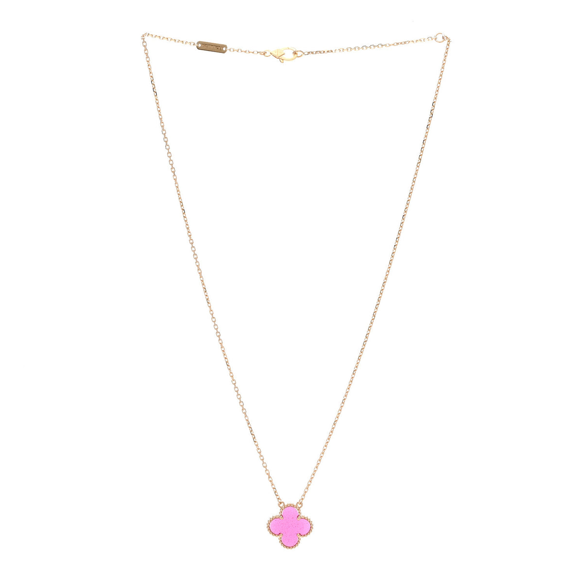 18K Yellow Gold Pink Enamel  Vintage Alhambra Pendant Necklace