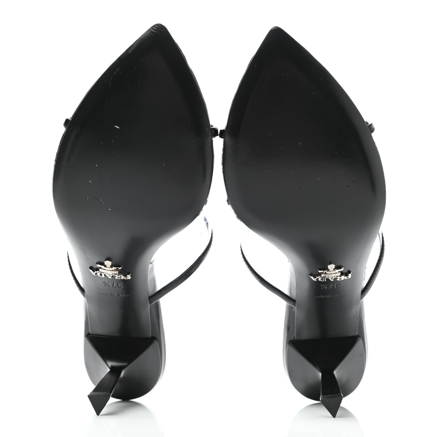 Plexiglass Calfskin Metal Triangle Logo 75mm Slide Sandals 37.5 Black
