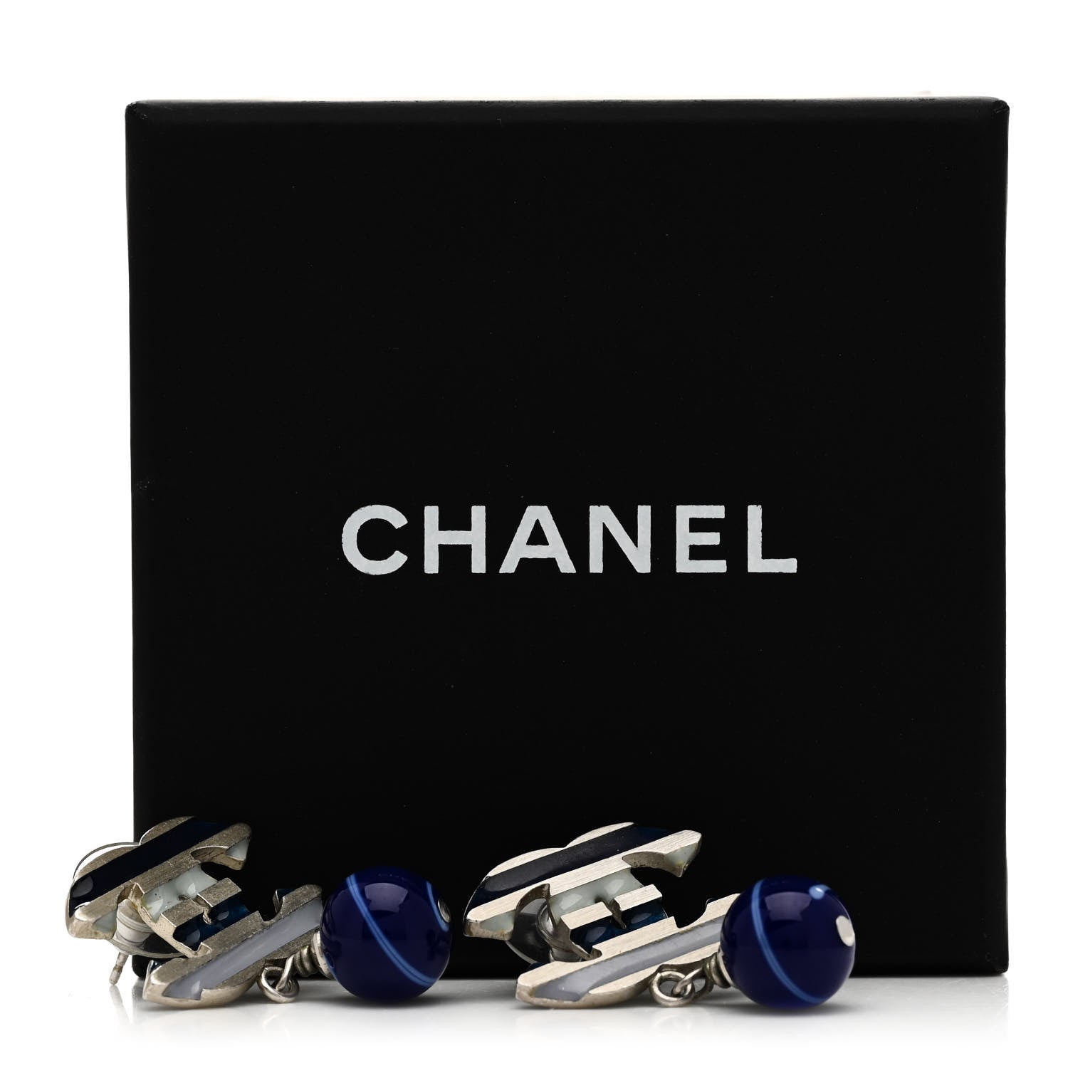 Chanel Enamel CC Bead Drop Earrings Blue Silver 5 of 5