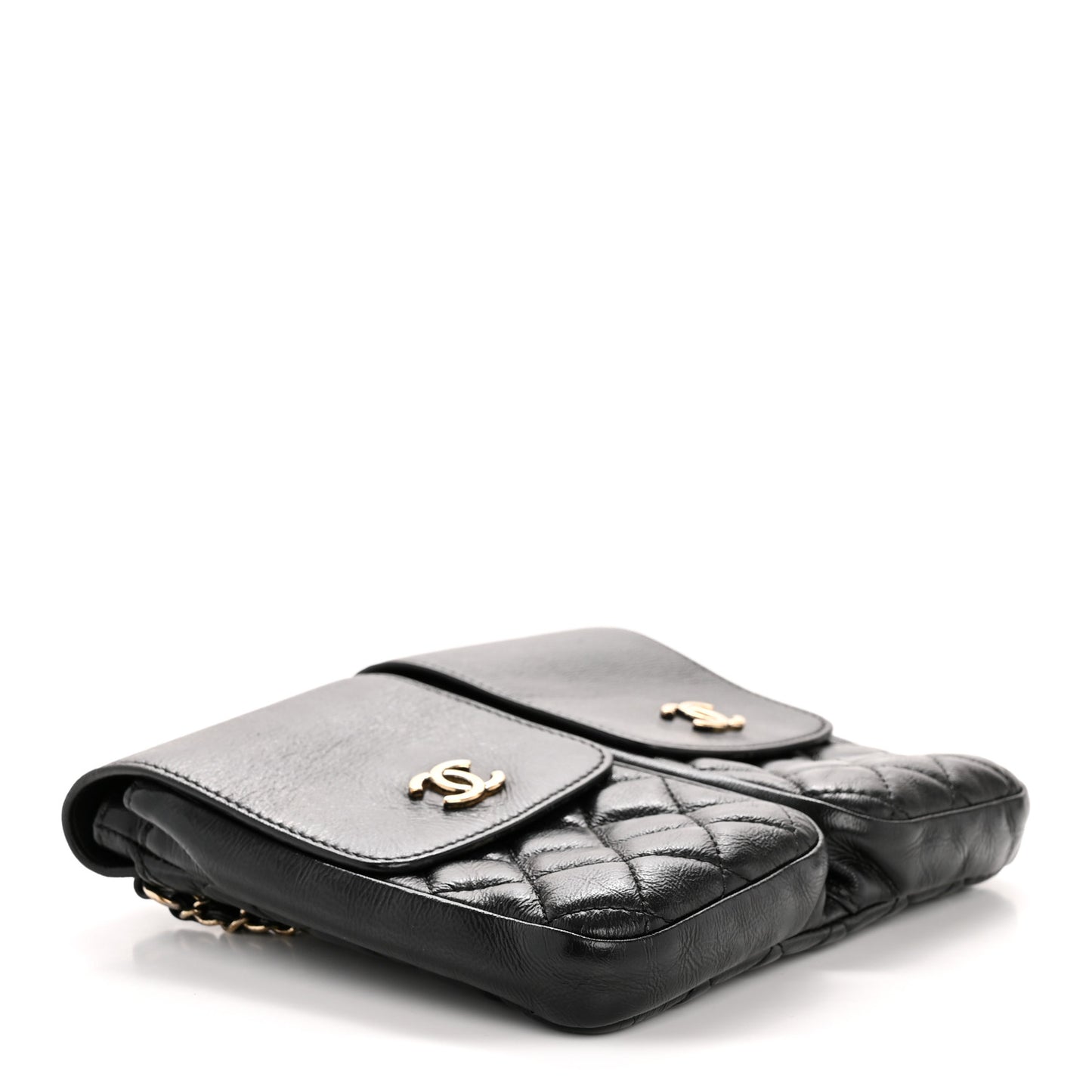 Glazed Calfskin Quilted Double Pocket Crossbody Flap Black