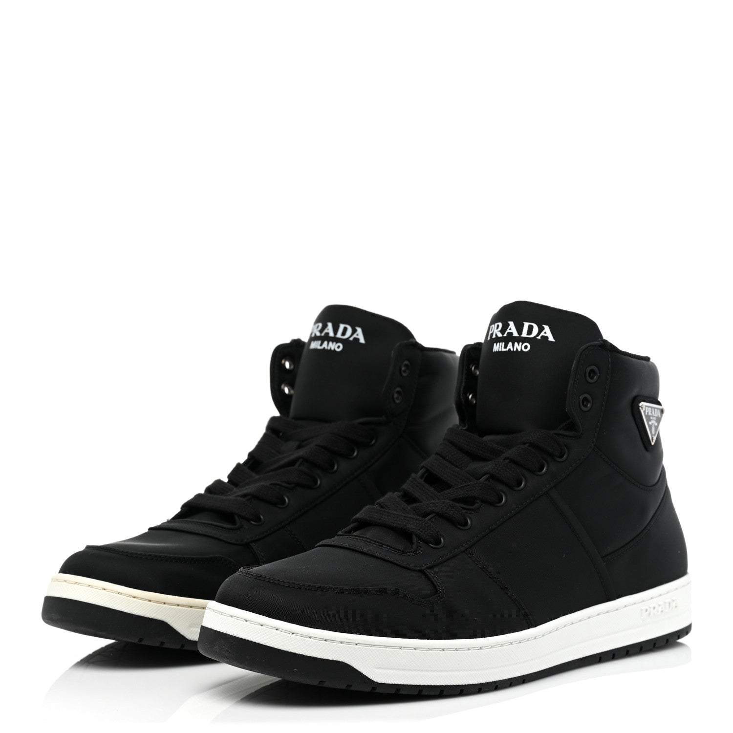 Prada Re-Nylon Gabardine Metal Triangle Logo Mens High Top Sneakers 8 Black 3 of 10