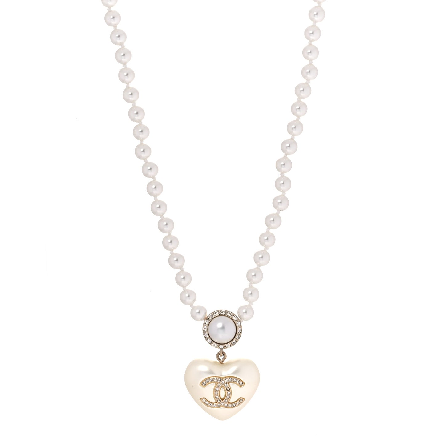Pearl Crystal CC Heart Short Necklace Pearly White Gold