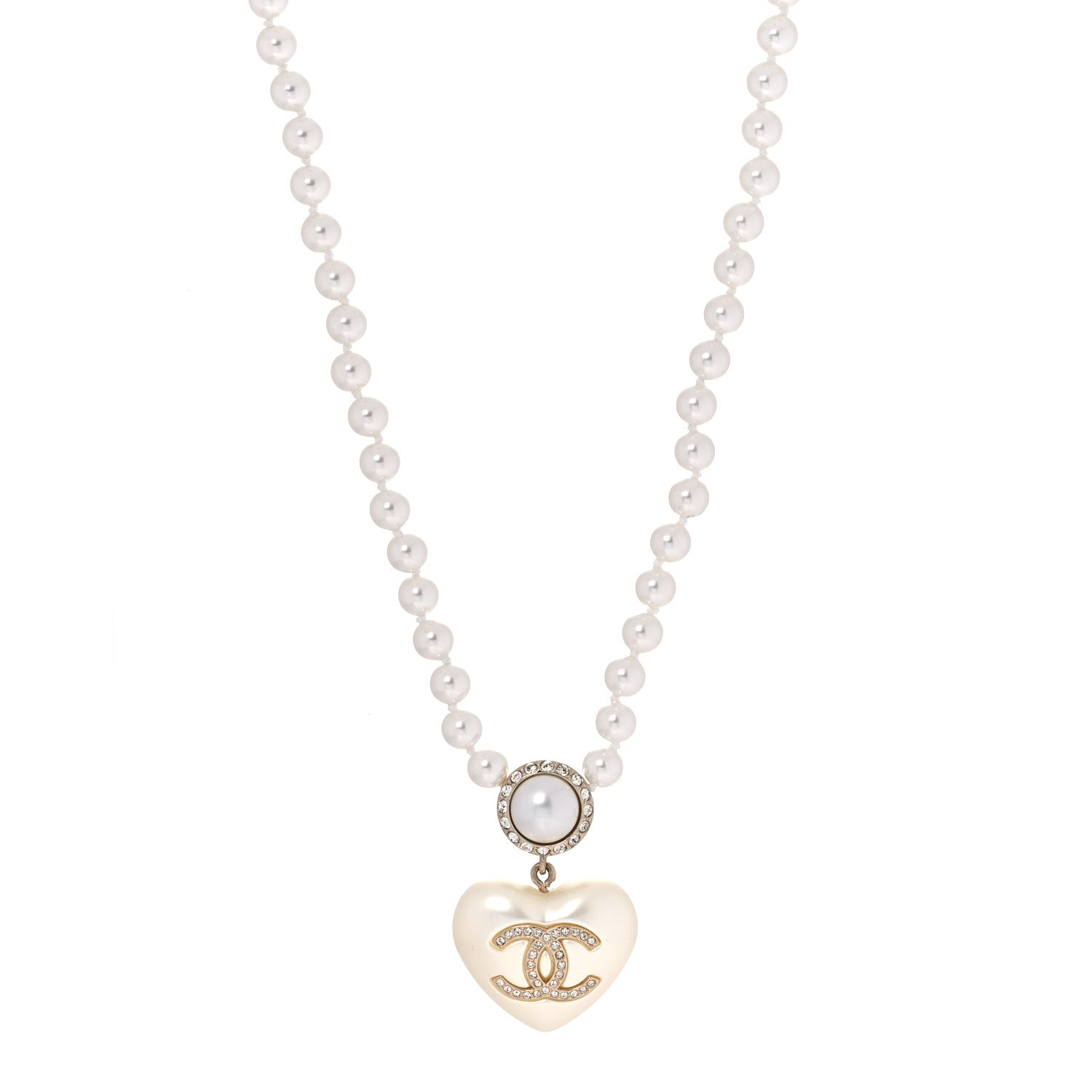 Chanel Pearl Crystal CC Heart Short Necklace Pearly White Gold 2 of 4
