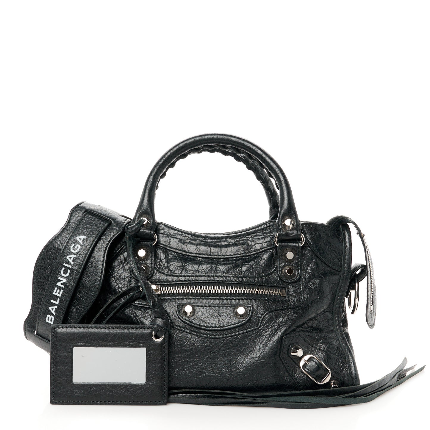 Agneau Classic Silver Hardware Mini City Logo Strap Black White