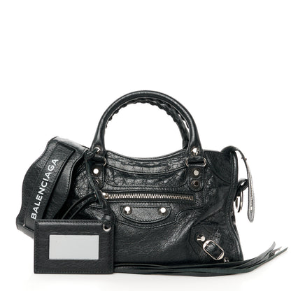 Balenciaga Agneau Classic Silver Hardware Mini City Logo Strap Black White 3 of 11