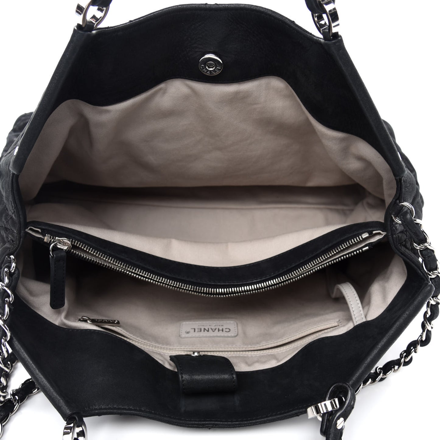 Iridescent Calfskin Stitched CC Shopping Tote Black
