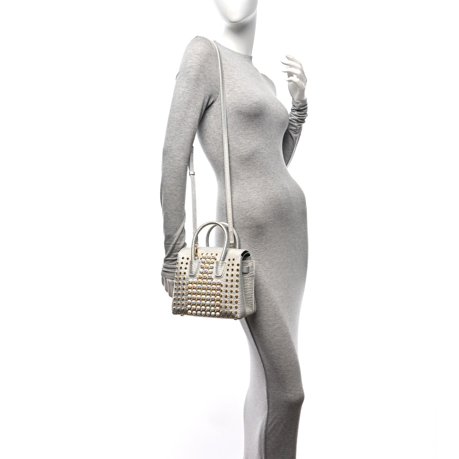 MCM Calfskin Pearls Studded Mini Milla Tote White Flake 2 of 15
