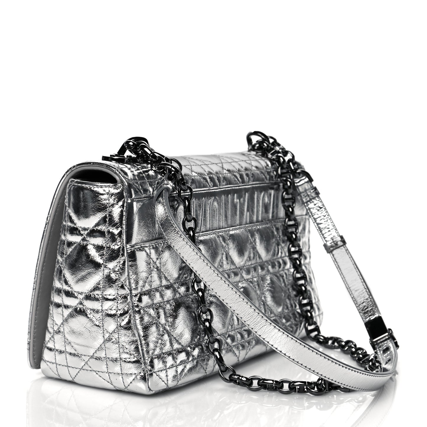 Metallic Calfskin Cannage Medium Caro Bag Argent