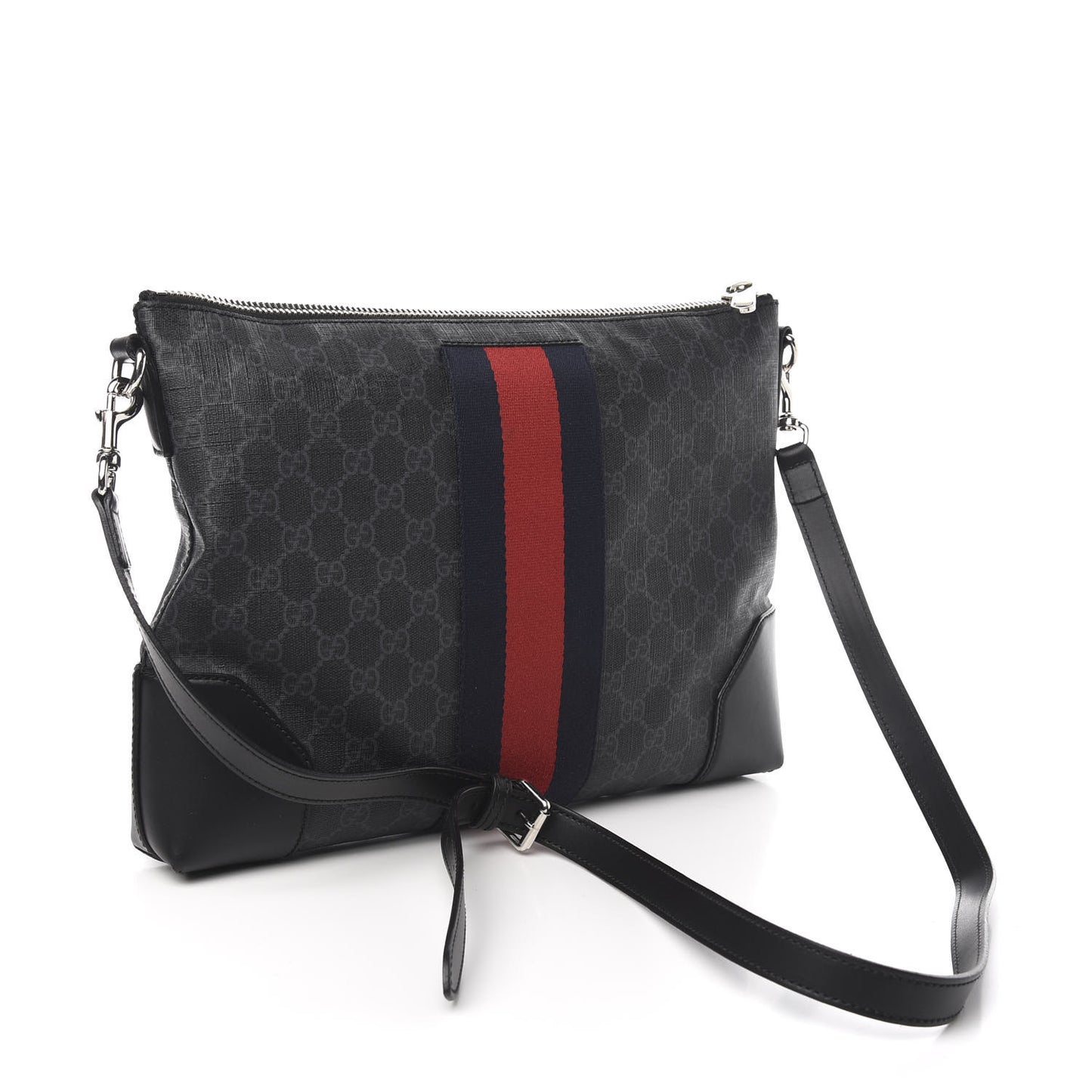 Soft GG Supreme Monogram Appia Calfskin Web East West Messenger Bag Black Grey