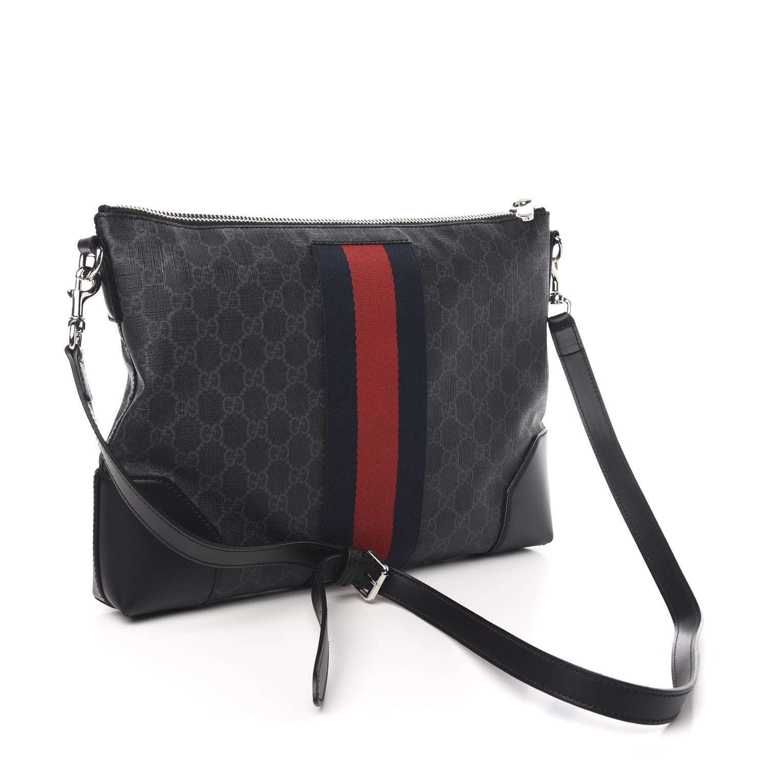 Gucci Soft GG Supreme Monogram Appia Calfskin Web East West Messenger Bag Black Grey 2 of 9