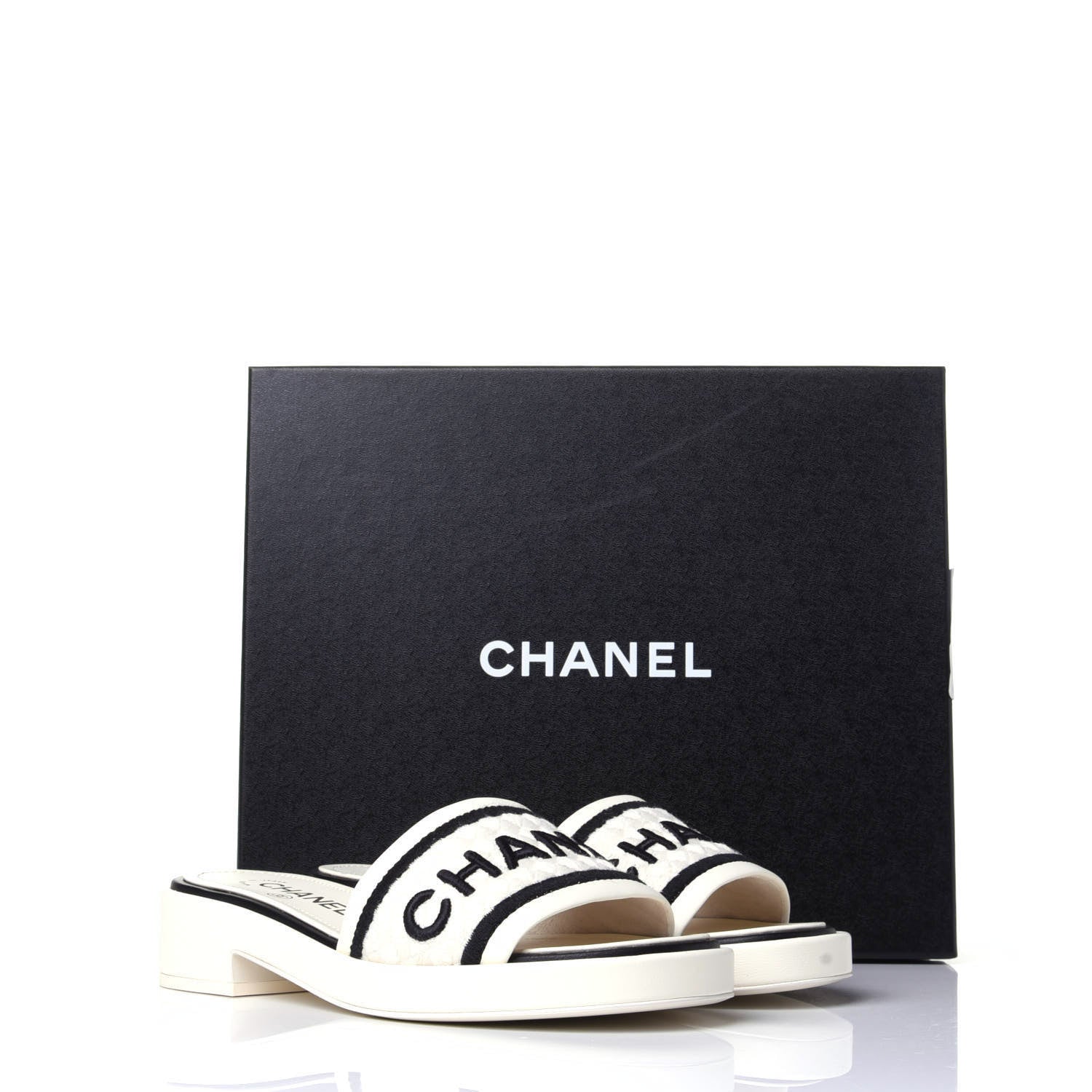 Chanel Lambskin Embroidered Logo Mules 36.5 Ivory Black 11 of 11