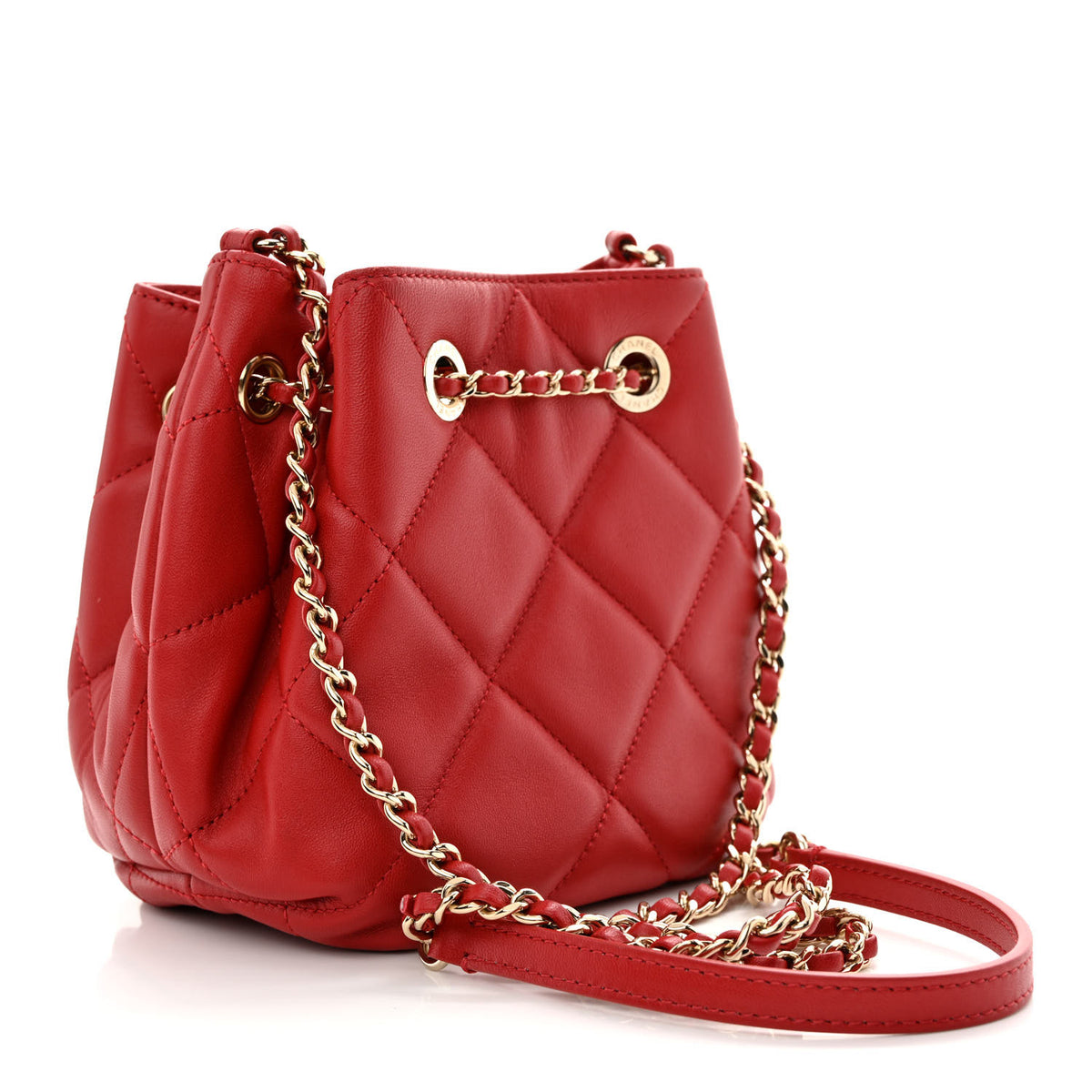 Lambskin Quilted CC Dweller Drawstring Bucket Bag Red