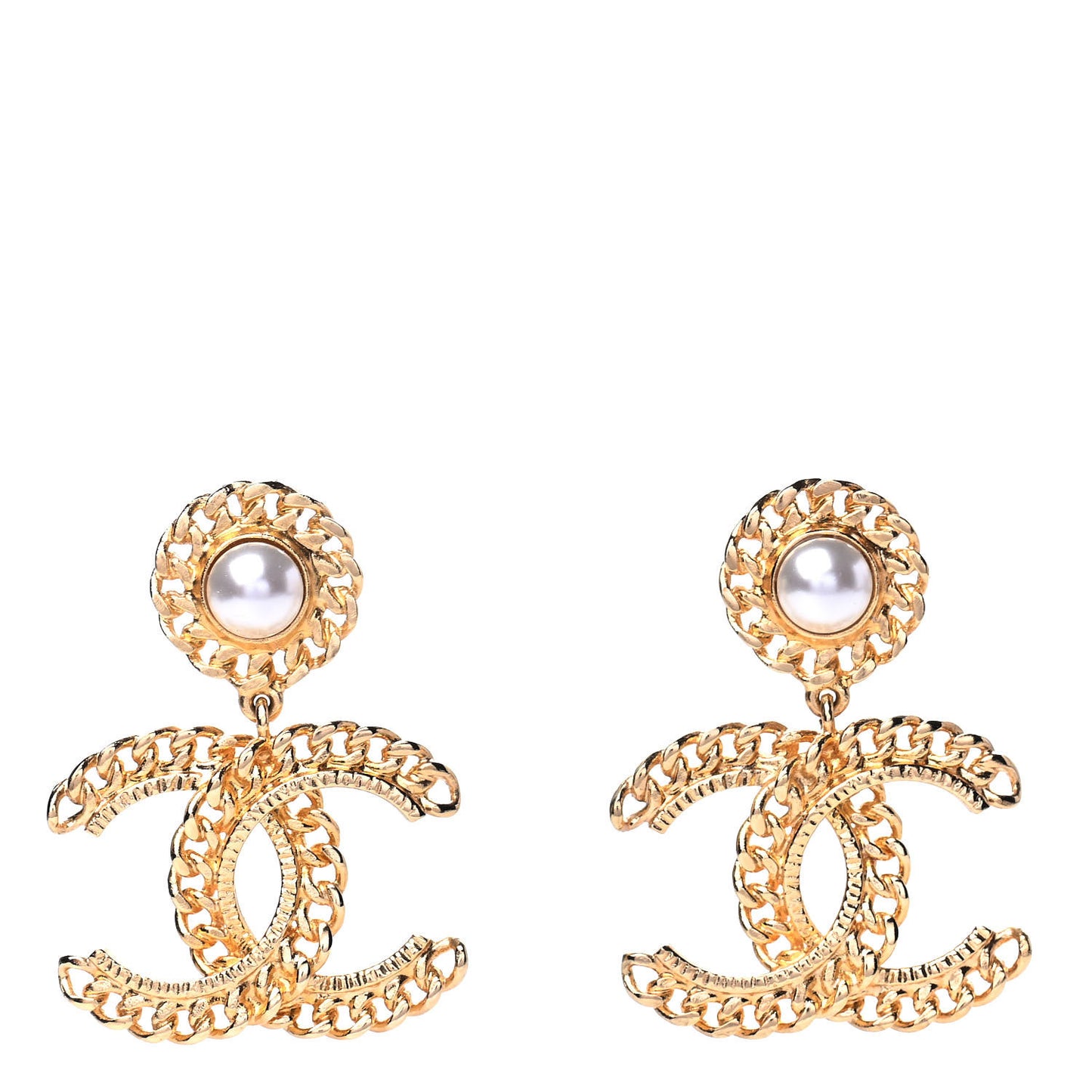 Metal Pearl CC Chain Drop Earrings Gold