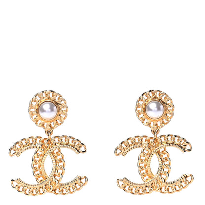 Chanel Metal Pearl CC Chain Drop Earrings Gold 1 of 4
