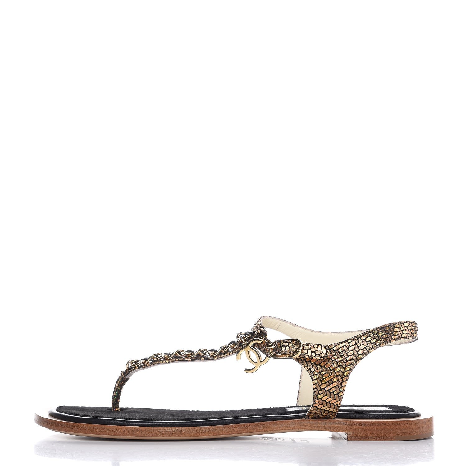 Chanel Fantasy Goatskin Velvet CC Chain Thong Sandals 38.5 Gold Black 1 of 9