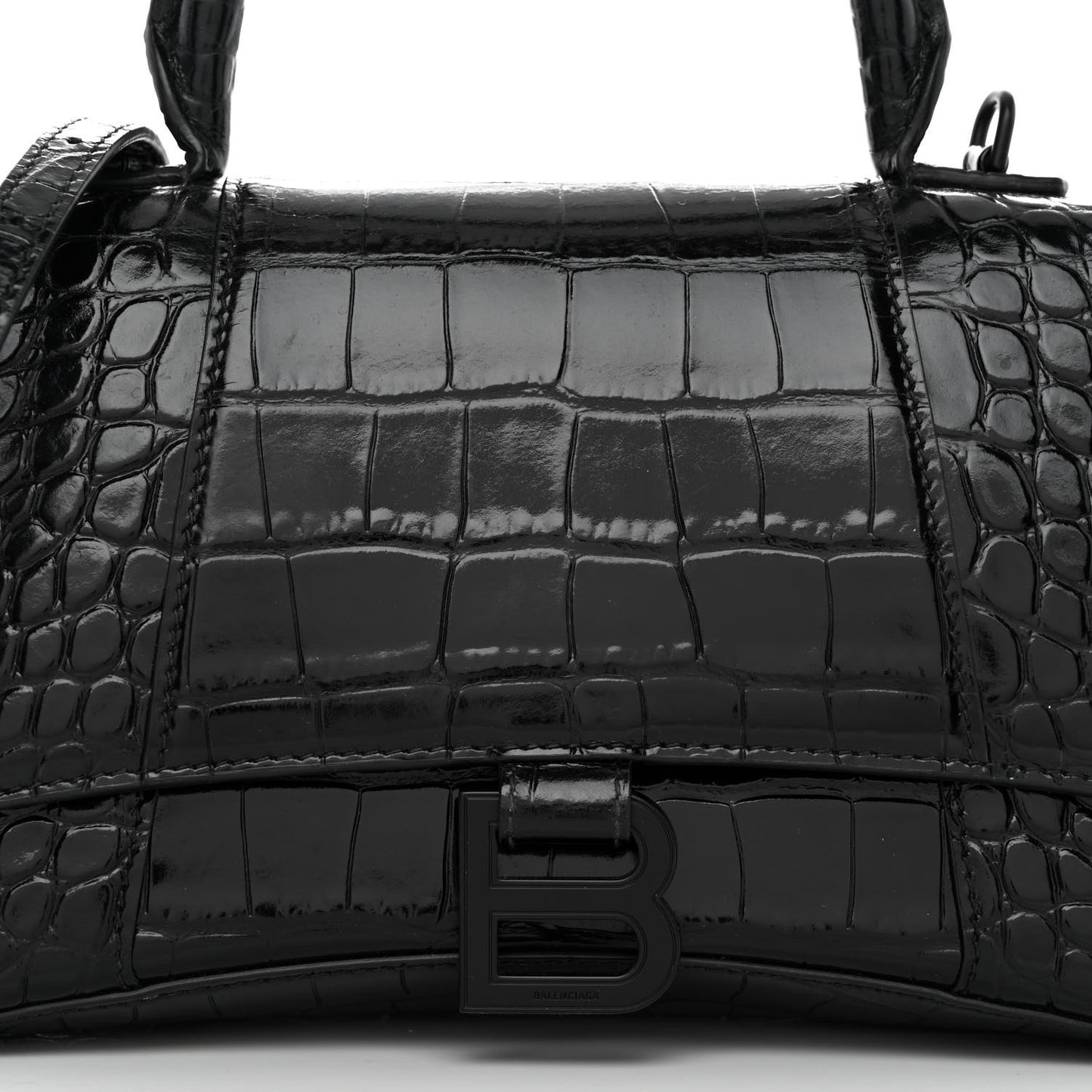 Shiny Calfskin Monochrome Crocodile Embossed Small Hourglass Top Handle Bag Black