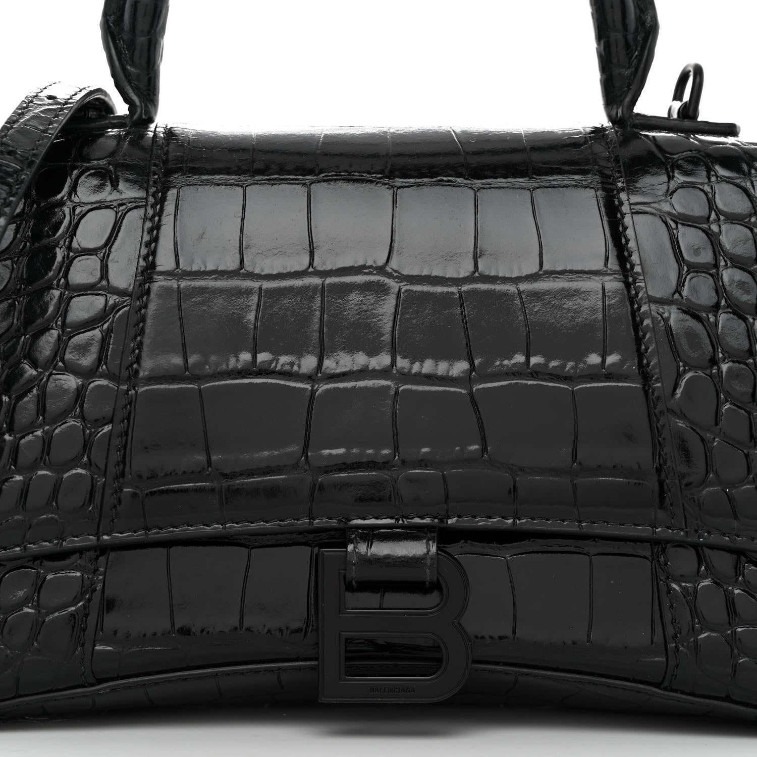 Balenciaga Shiny Calfskin Monochrome Crocodile Embossed Small Hourglass Top Handle Bag Black 7 of 11