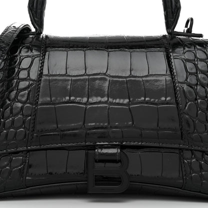 Balenciaga Shiny Calfskin Monochrome Crocodile Embossed Small Hourglass Top Handle Bag Black 7 of 11