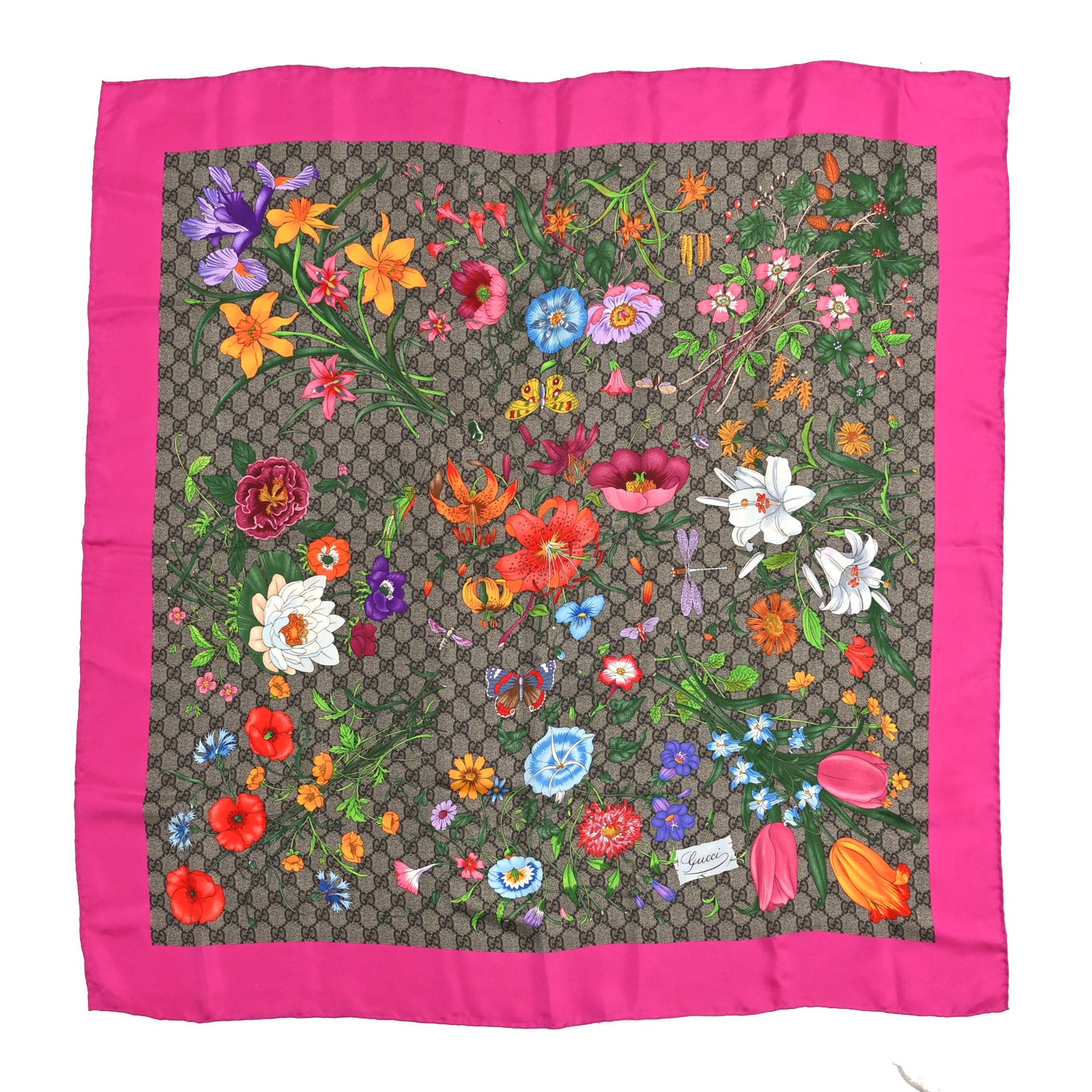 Silk Twill GG Monogram Flora Fluo GG Square Scarf  Beige Pink