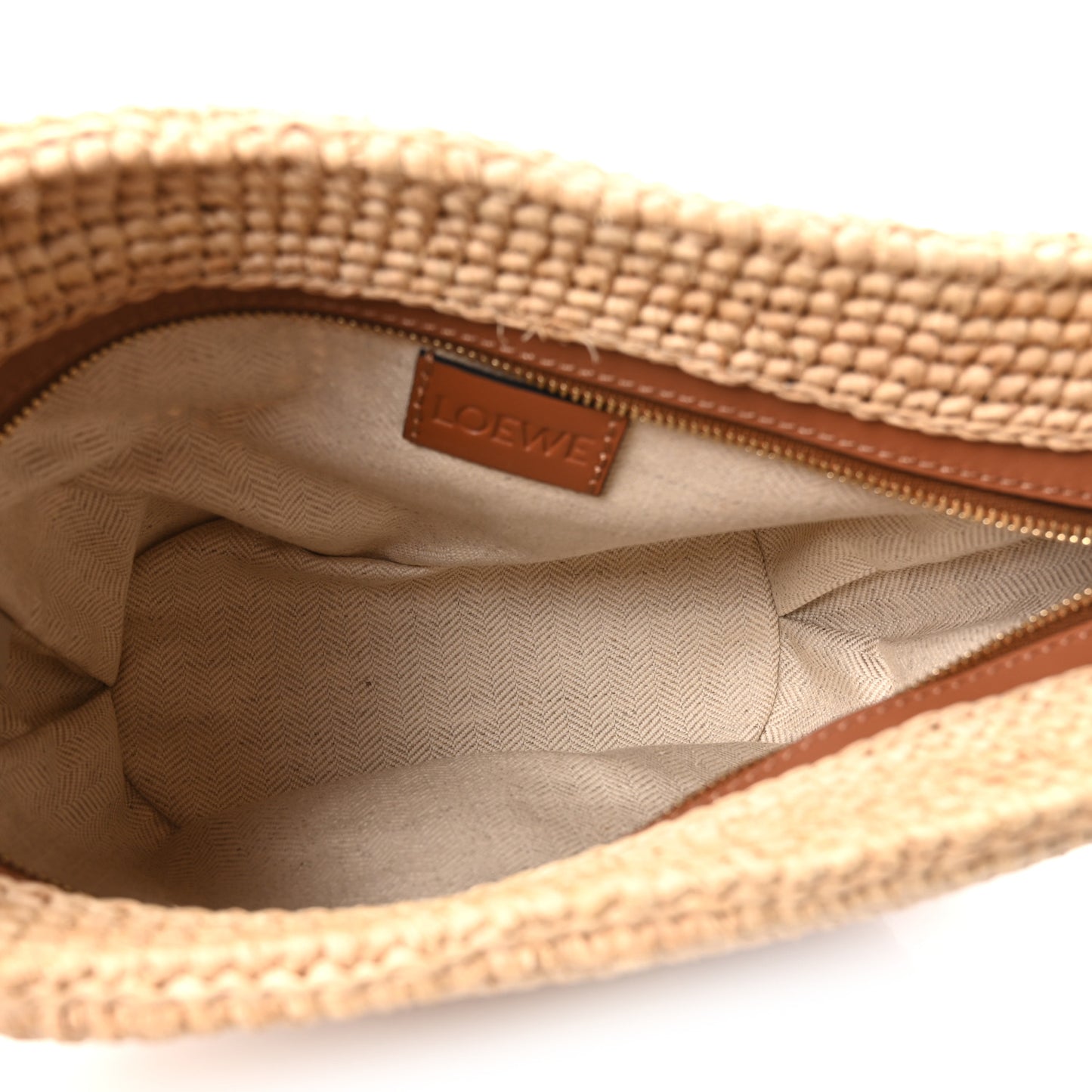 Calfskin Raffia Slit Pochette Bag Natural Tan