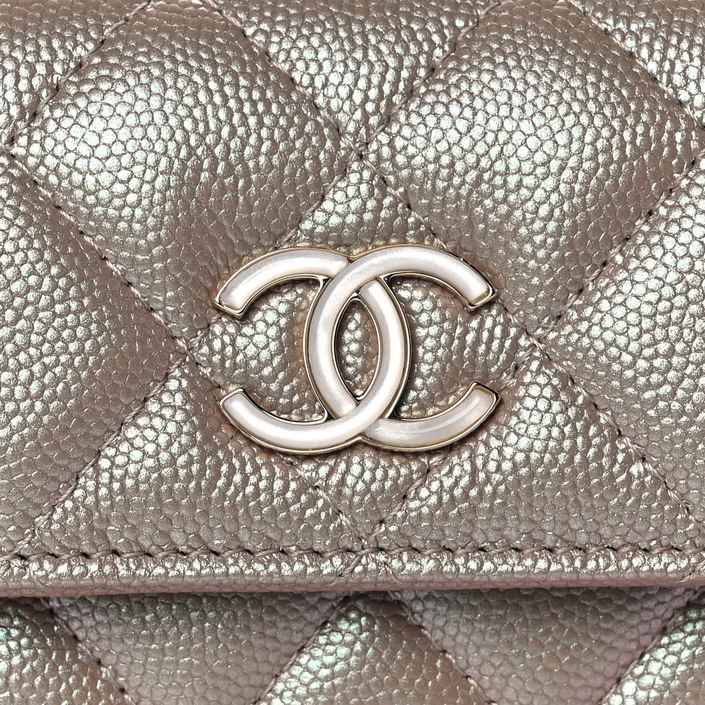 Iridescent Caviar Quilted Small Flap Wallet Beige