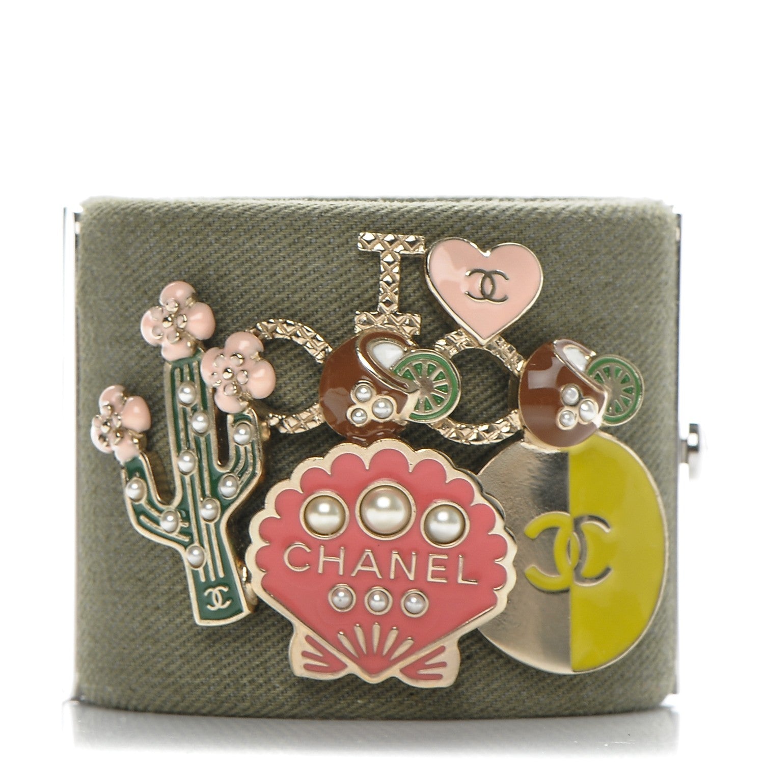 Chanel Canvas Pearl Enamel CC Cuff Green 1 of 5