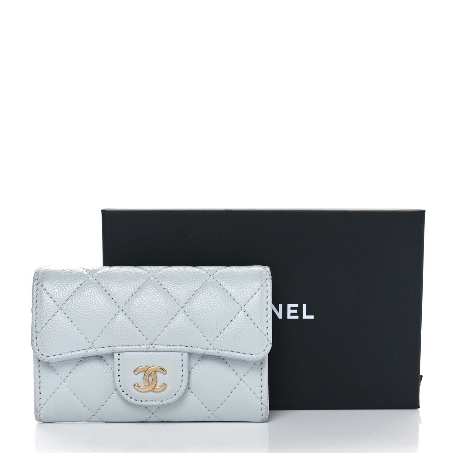 Caviar Quilted Flap Card Holder Wallet Light Blue